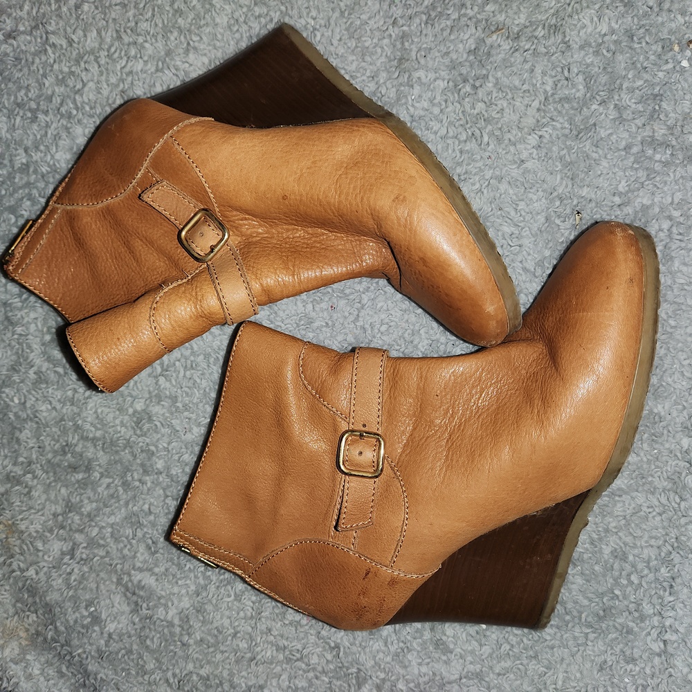 J. Crew Size 8.5 Cognac Color Leather & Brown Wedge Booties